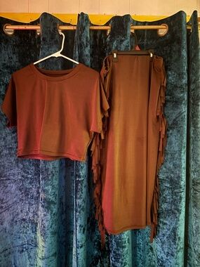 Two-Piece Brown Crop Top & Fringe Skirt Set